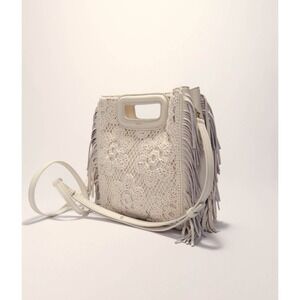 B46 Maje Crochet Knit M Bag Crossbody Cream Fringe Floral Boho Chic Everyday